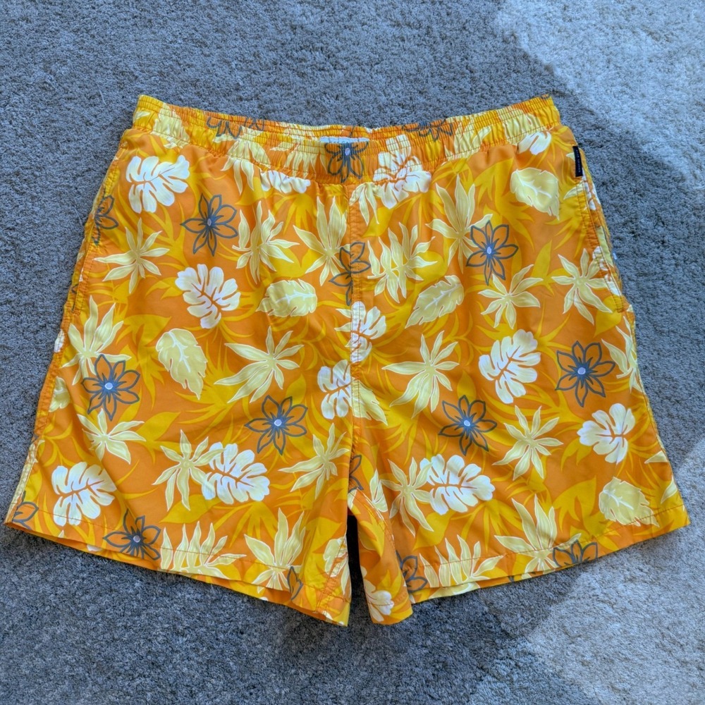 Alex Cannon Mens Orange‎ Yellow Floral Tropical Swim Trunks Board Shorts Large